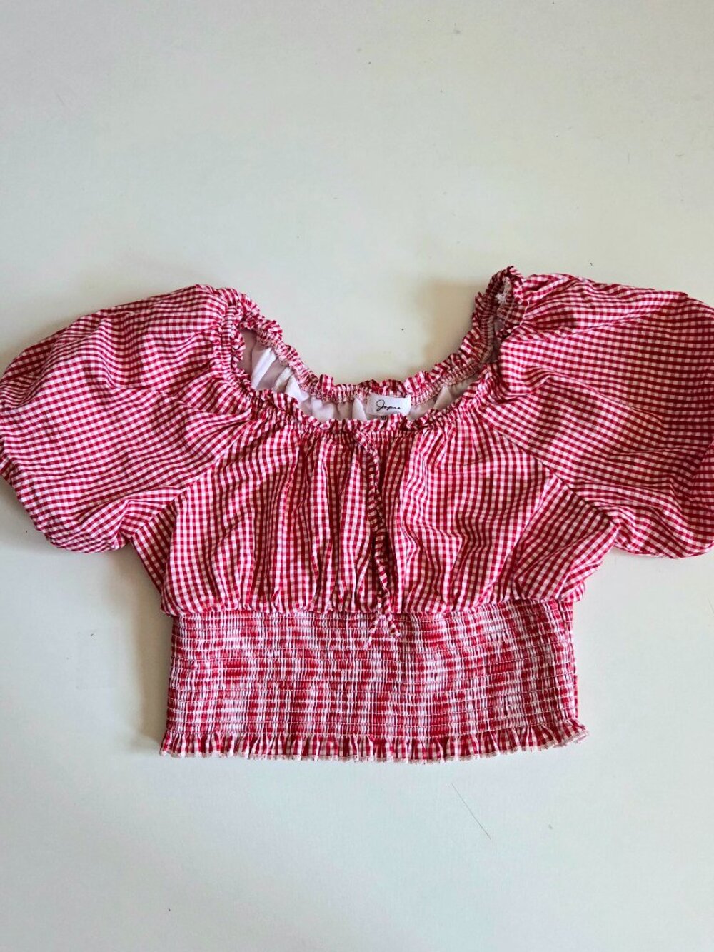 Japna Cropped Red White Gingham Blouse Smocked Waist Puff Sleeves 100% Cotton